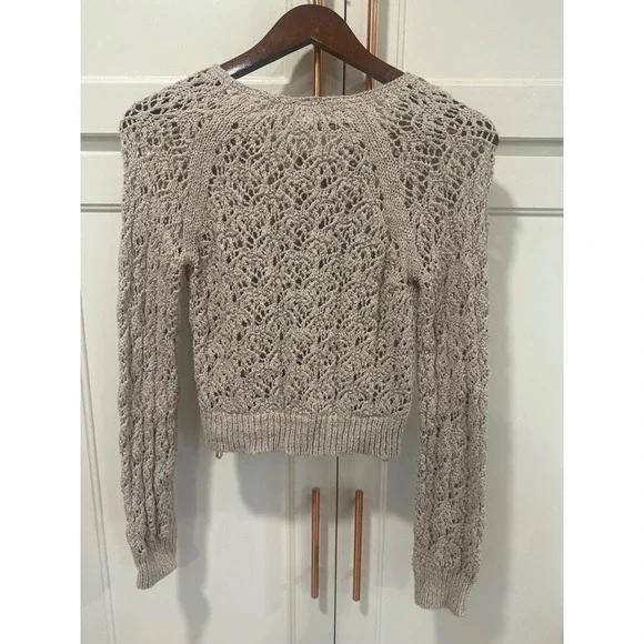 Free People Crochet Knit Cardigan Sweater Long Sleeve Neutral Boho Chic S - Picture 4 of 6